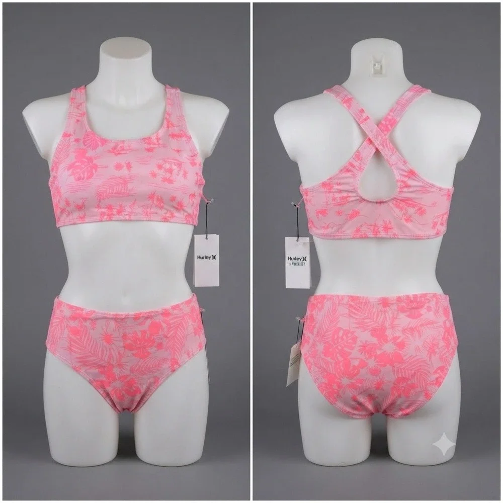 Hurley Girls Swimsuit 14 Pink Tropical Hibiscus 2 Piece Bikini Set UPF 50+